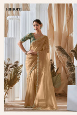Kimora Rangat Vol 3 Fancy Tissue Saree - Designer Contrast Handwork Blouse Set 5 Pcs Set