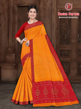 MADHURI BANDHEJ Cotton Bandhani Printed Saree with Designer Border - 8 Pcs Set