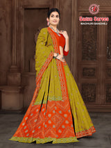 MADHURI BANDHEJ Cotton Bandhani Printed Saree with Designer Border - 8 Pcs Set