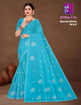 Manali White W.B.P Soft Cotton Printed Saree with White Border - 8 Pcs Set