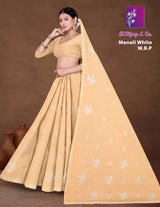 Manali White W.B.P Soft Cotton Printed Saree with White Border - 8 Pcs Set