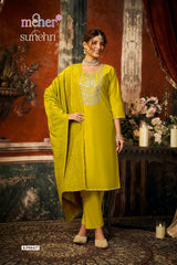 Meher Sunehri Gadhwal Fabric Embroidered 3 Piece Kurti Pant Dupatta Set