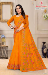 METRO COTTON Soft Cotton Floral Printed Saree with Designer Border - 8 Pcs Set
