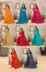 METRO COTTON Soft Cotton Floral Printed Saree with Designer Border - 8 Pcs Set