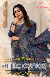 METRO COTTON Soft Cotton Floral Printed Saree with Designer Border - 8 Pcs Set