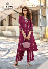 Mittoo Vitara Vol 2 Rayon Printed Kurti Pant Set with Hand Work