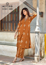 Mittoo Vitara Vol 2 Rayon Printed Kurti Pant Set with Hand Work