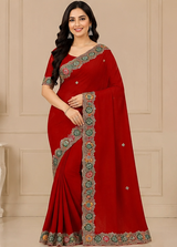 Fancy Satin Saree Set with Designer Embroidered Border (5 Colors) Party Wear Elegant Collection - M.R. Saree Emporium