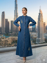 Premium Denim Embroidered Midi Gown - Front Button Stylish Kurti Dress - M.R. Saree Emporium