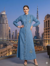 Premium Denim Embroidered Midi Gown - Front Button Stylish Kurti Dress - M.R. Saree Emporium