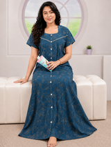 Premium Front Open Printed Cotton Nighty - 3 Pcs Set