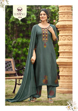 WOODEE Saanvi Rayon A-Line Kurti Pant Dupatta Set - Embroidered 3 Piece Suit