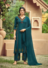 WOODEE Saanvi Rayon A-Line Kurti Pant Dupatta Set - Embroidered 3 Piece Suit