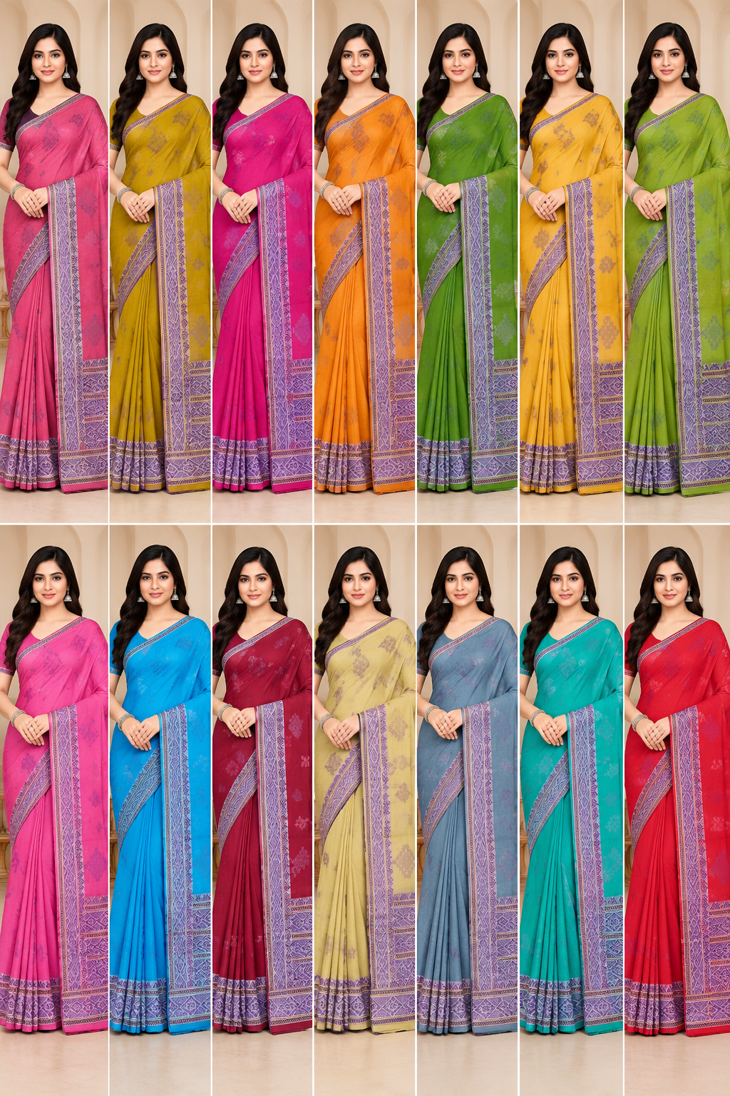 Cotton Green Woven Border Designer Saree - 14 Pcs Set
