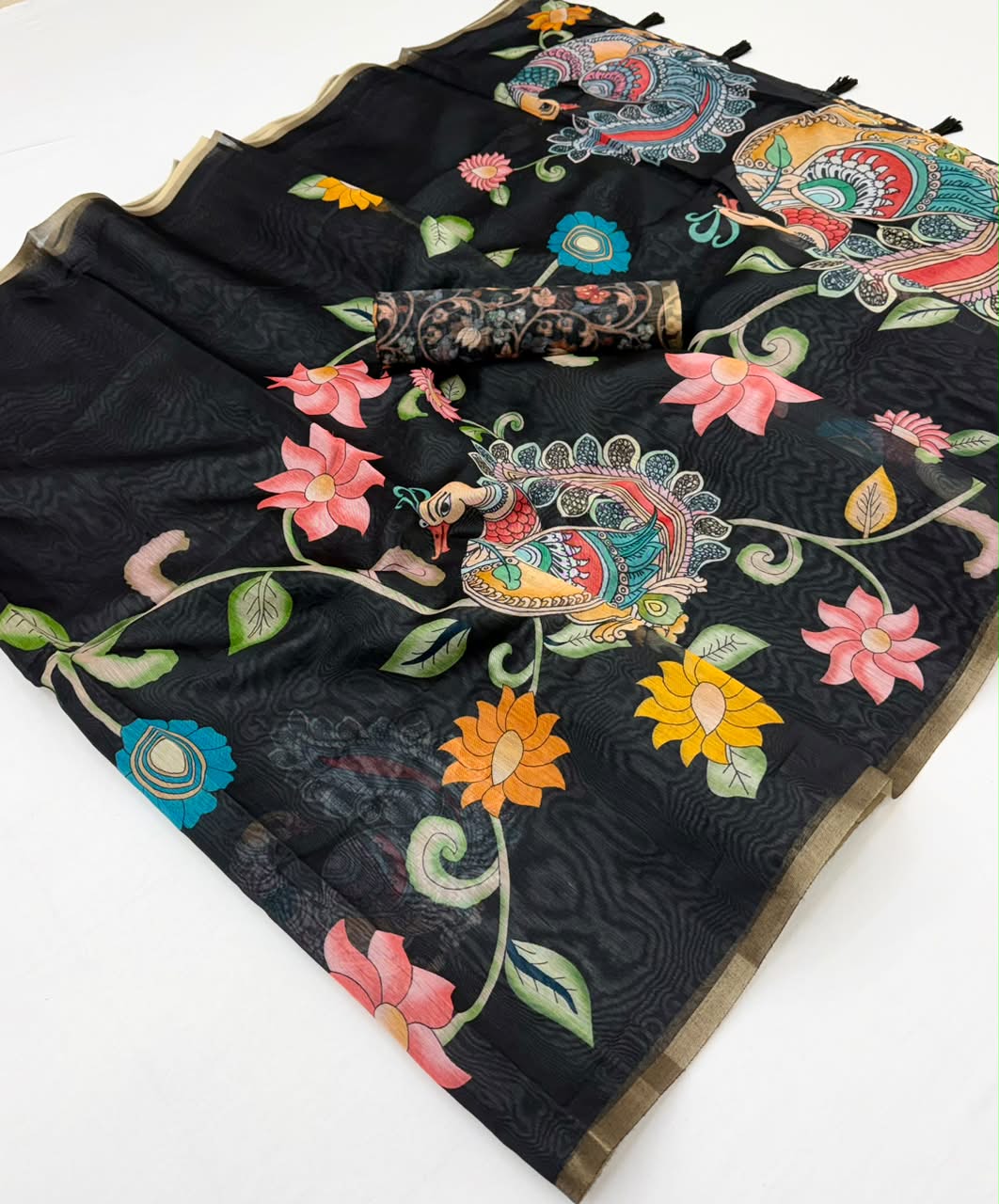 Kazari Series Chanderi Linen Saree with Kalamkari Print