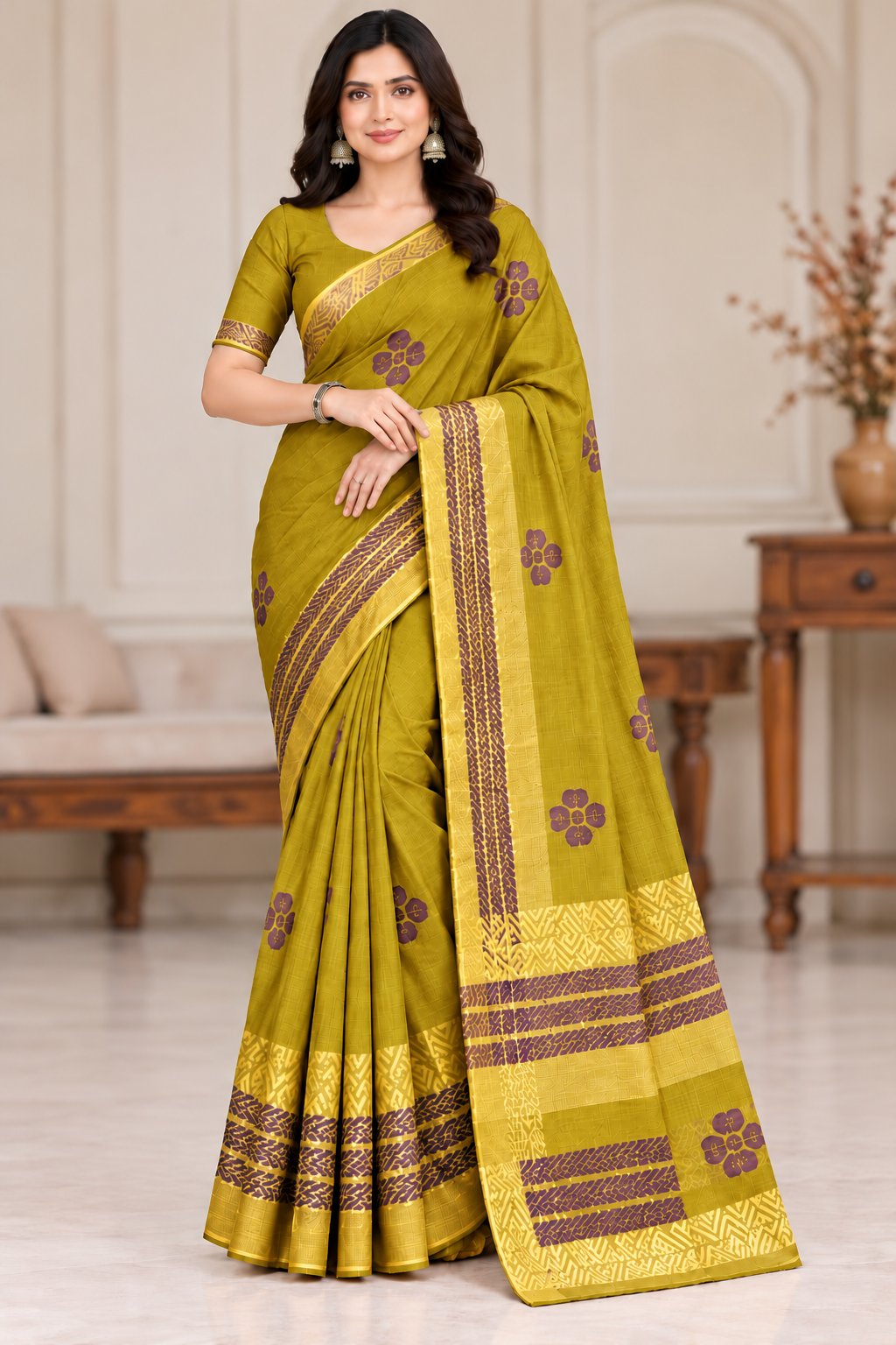 Cotton Pink Printed Saree with Contrast Border and Designer Pallu-15 Pcs Set.