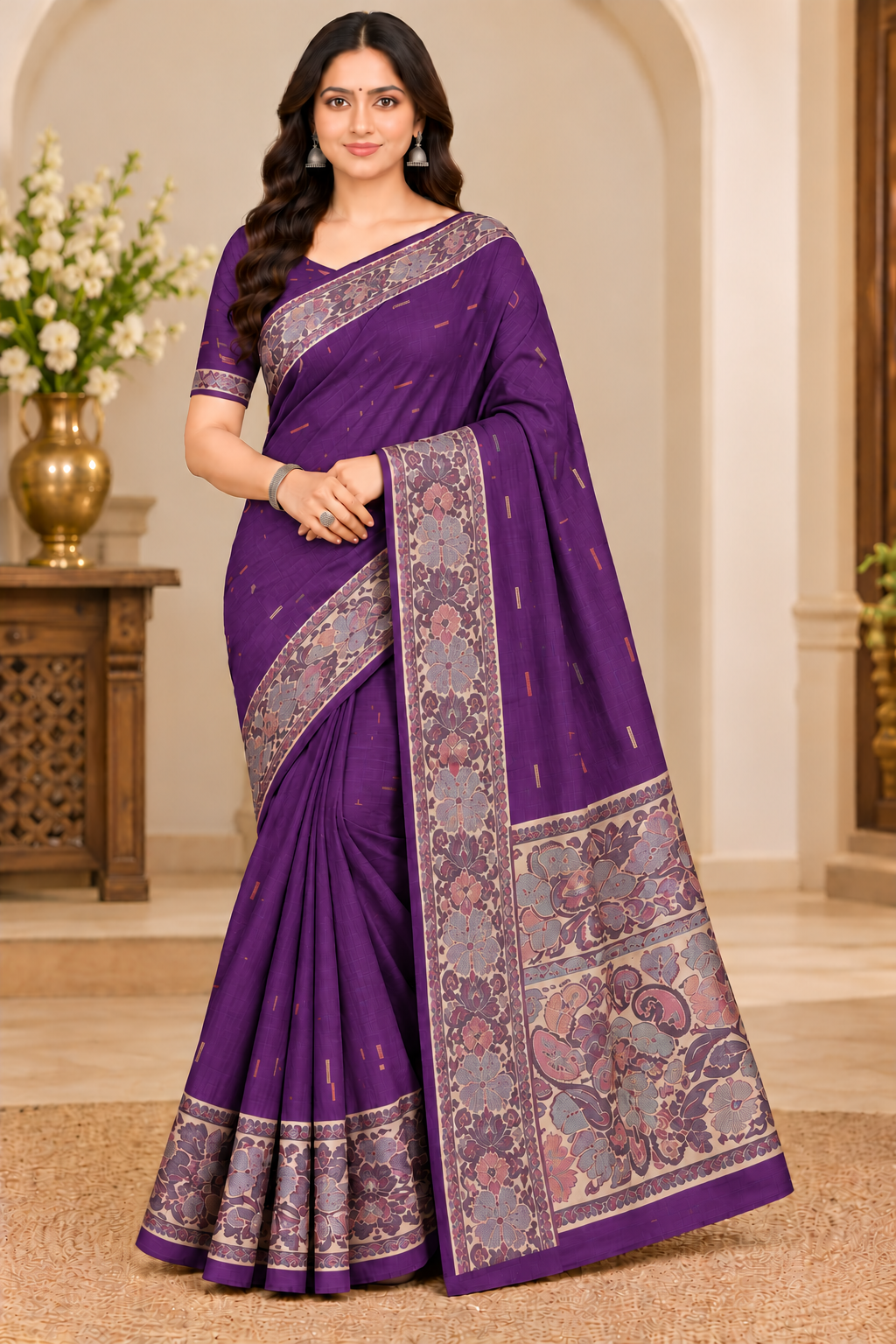 Cotton Royal Blue Designer Saree with Floral Jacquard Border-14 Pcs Set.