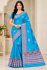 Cotton Teal Blue Printed Saree with Designer Geometric Border-14 Pcs Set.