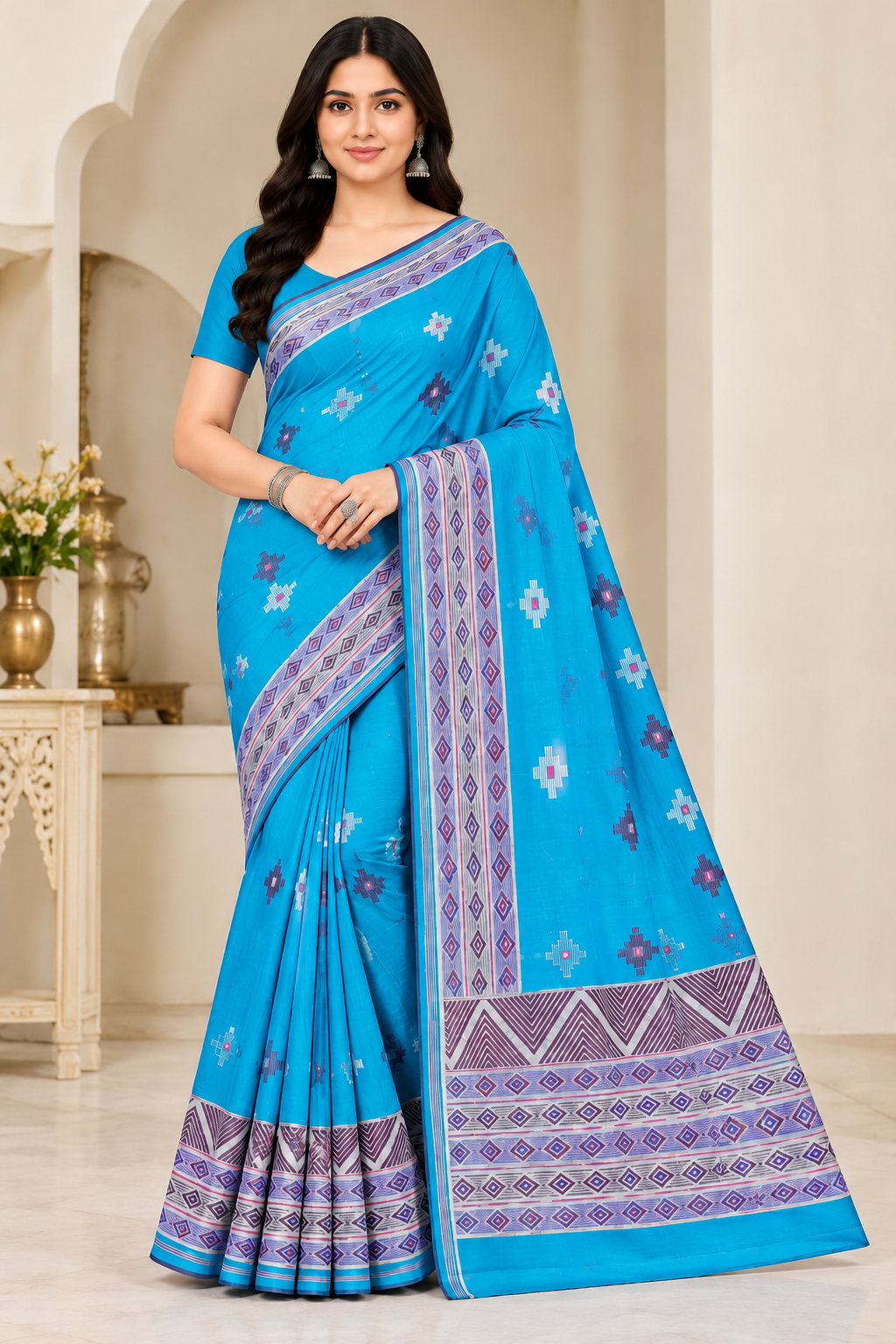Cotton Teal Blue Printed Saree with Designer Geometric Border-14 Pcs Set.