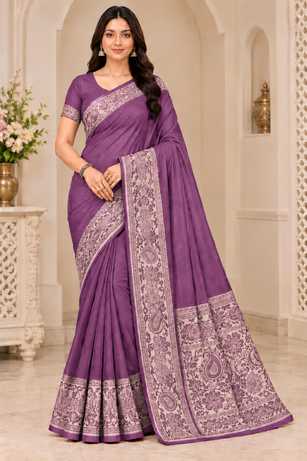 Cotton Green Traditional Jacquard Border Saree - 15 Pcs Set.