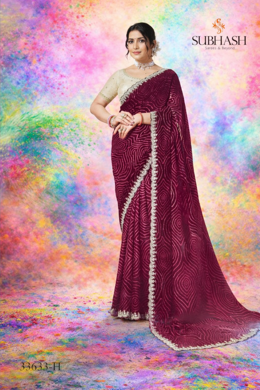 Subhash Sanskriti Saree Design No. 33633-H – Wine Designer Festive Saree with Swirl Print & Lace Border-Single Pcs-M.R. Saree Emporium