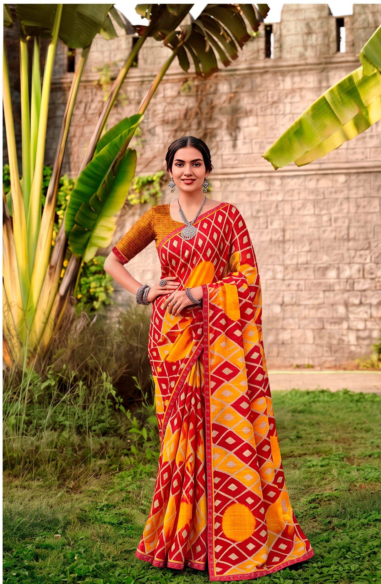 Saanjh Traditional Printed Saree with Designer Zari Border & Elegant Pallu
