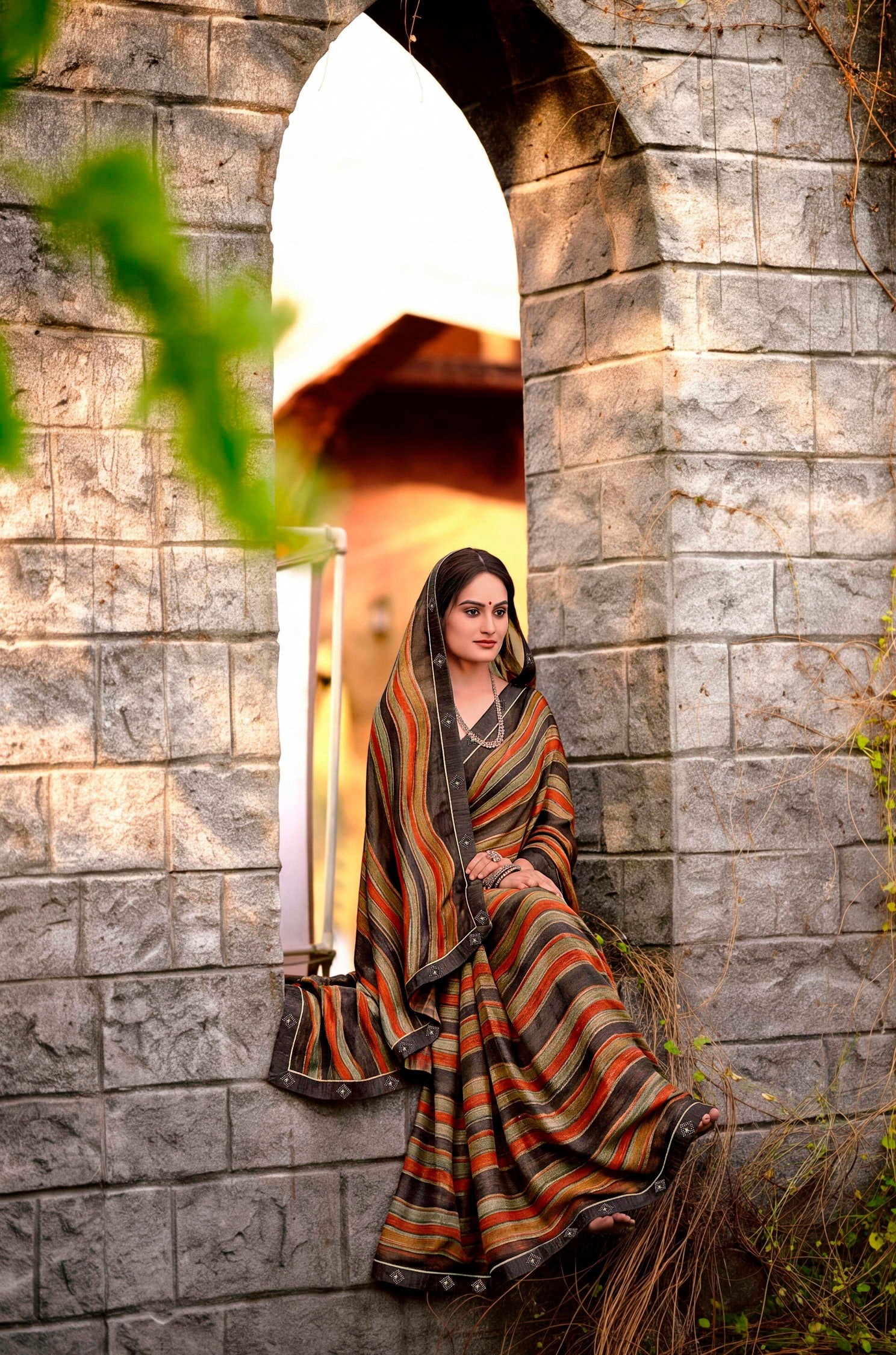 Saanjh Traditional Printed Saree with Designer Zari Border & Elegant Pallu