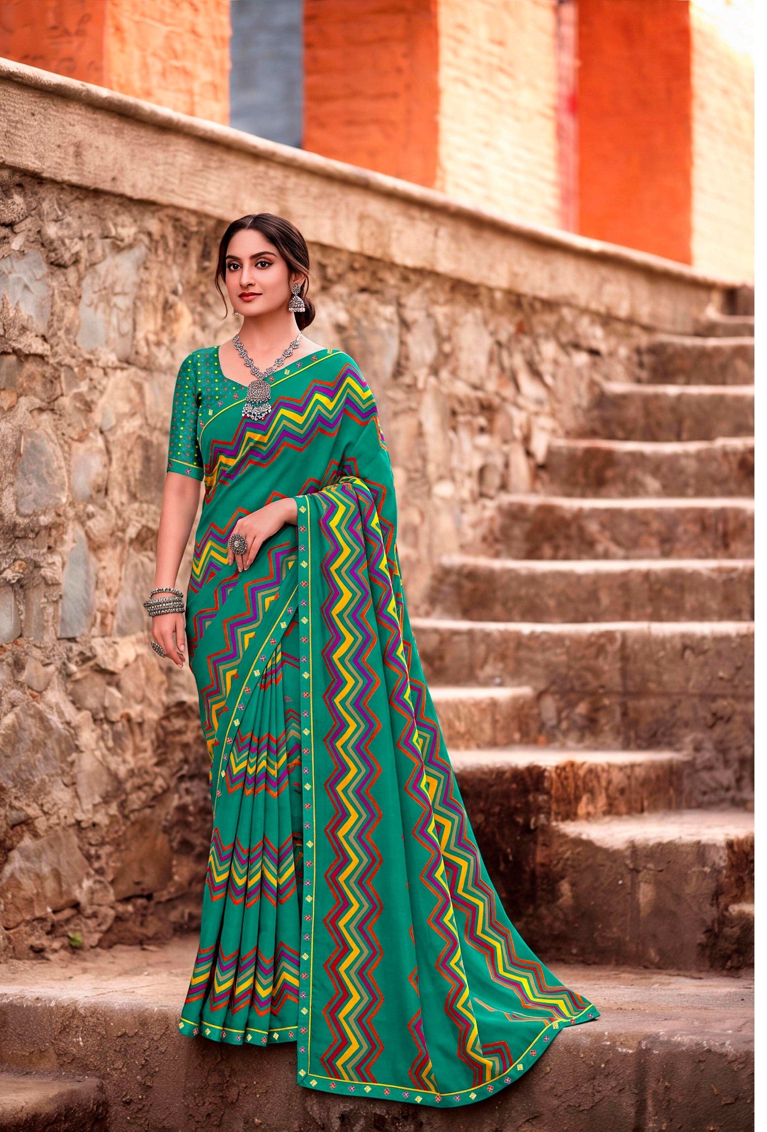 Saanjh Traditional Printed Saree with Designer Zari Border & Elegant Pallu