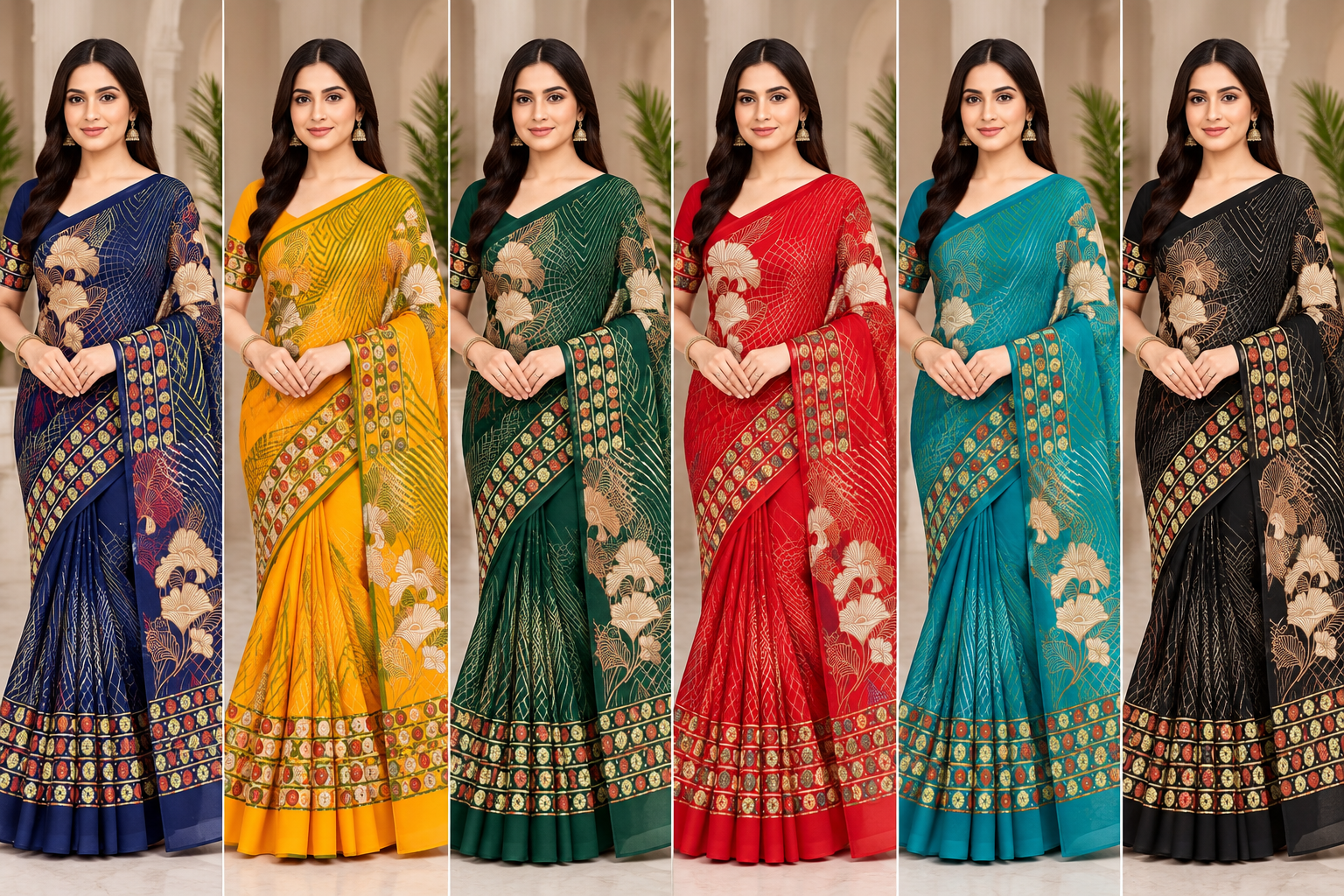 Weightless Designer Floral Printed Saree with Contrast Border - 6 Pcs Set