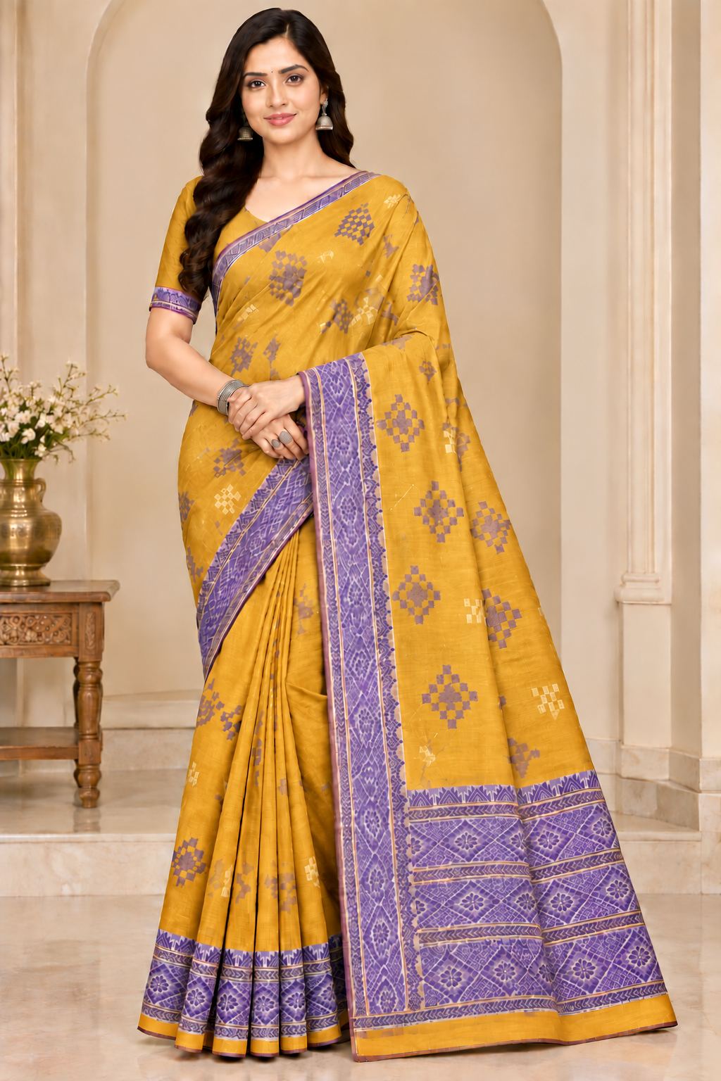 Cotton Green Woven Border Designer Saree - 14 Pcs Set