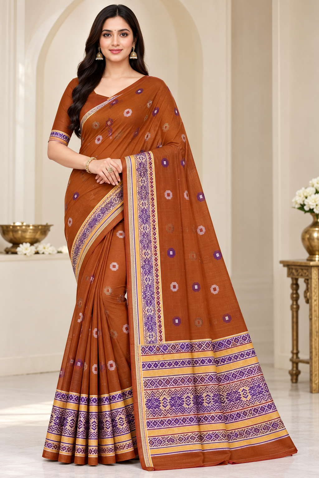 Cotton Traditional Printed Saree with Designer Woven Border - 15 Pcs Set.