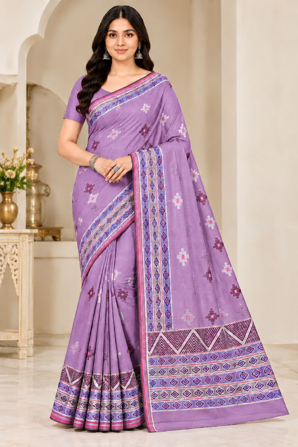 Cotton Teal Blue Printed Saree with Designer Geometric Border-14 Pcs Set.