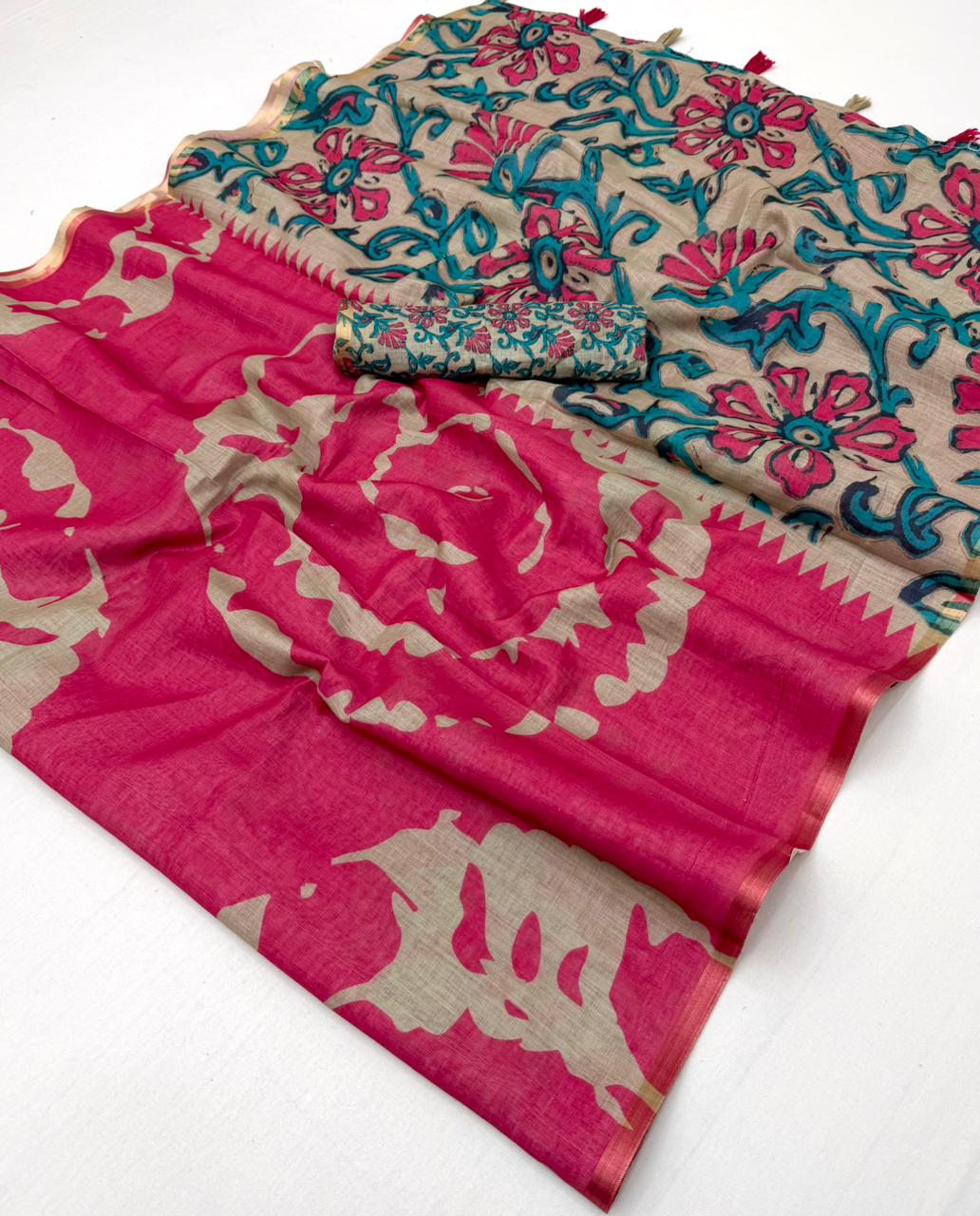 Lisha Soft Cotton Linen Saree with Zari Border & Fancy Tassels – 12 Pcs Set-M.R. Saree Emporium