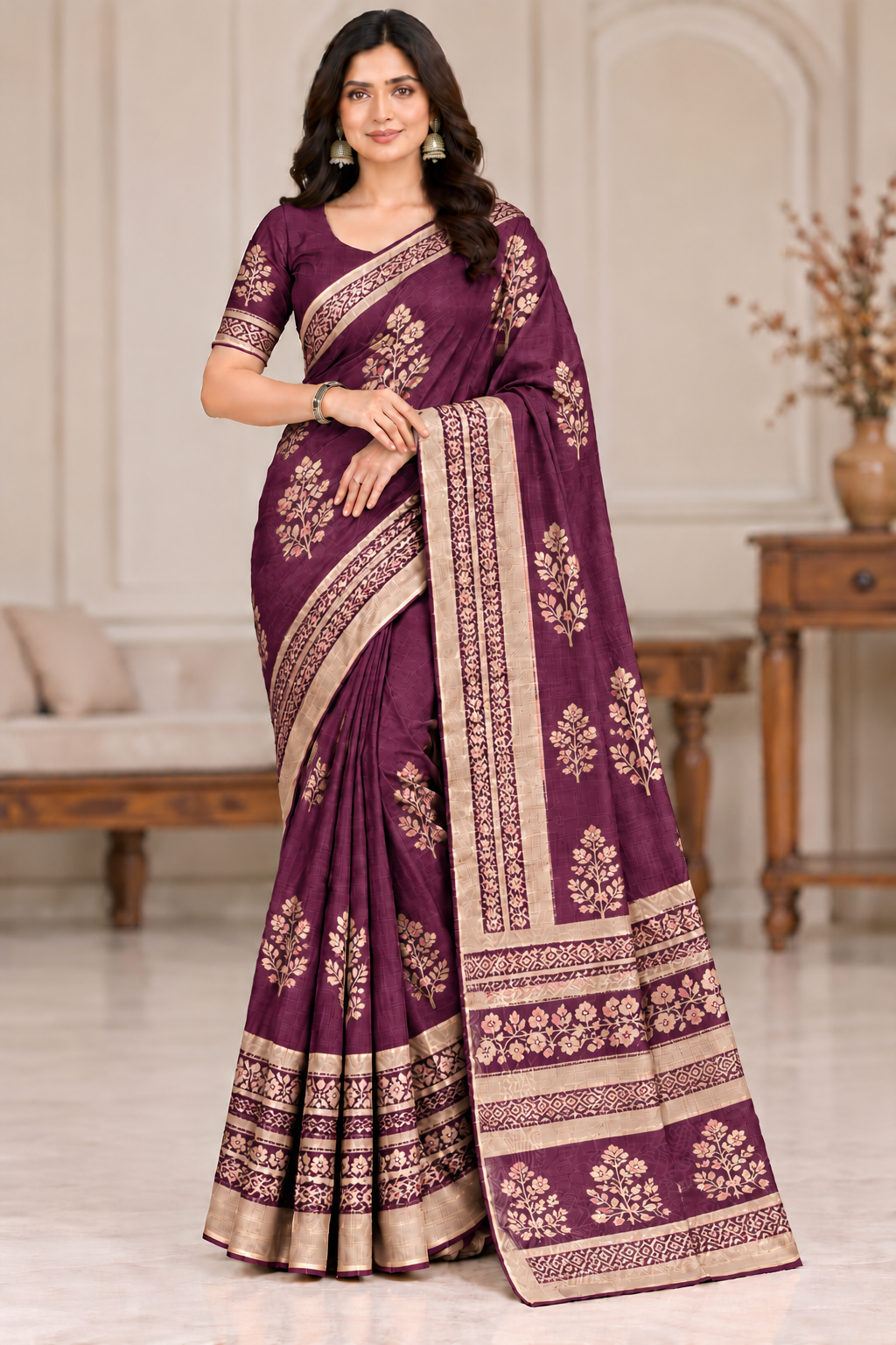 Cotton Pink Printed Saree with Contrast Border and Designer Pallu-15 Pcs Set.