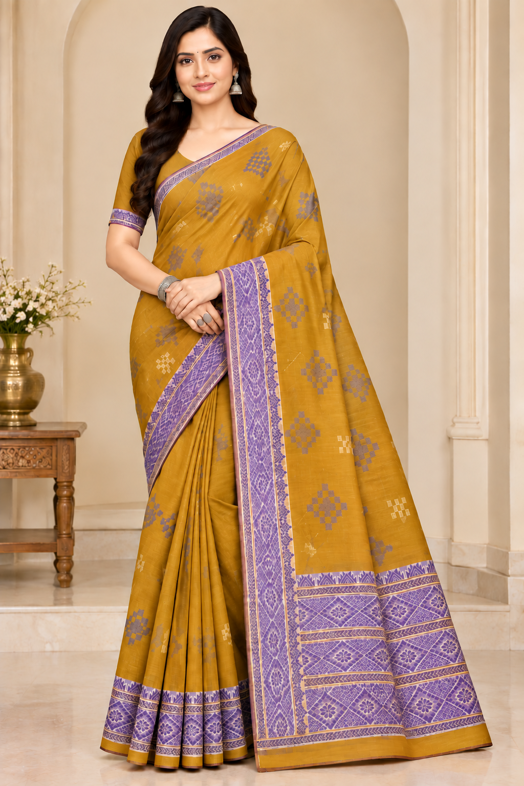 Cotton Green Woven Border Designer Saree - 14 Pcs Set