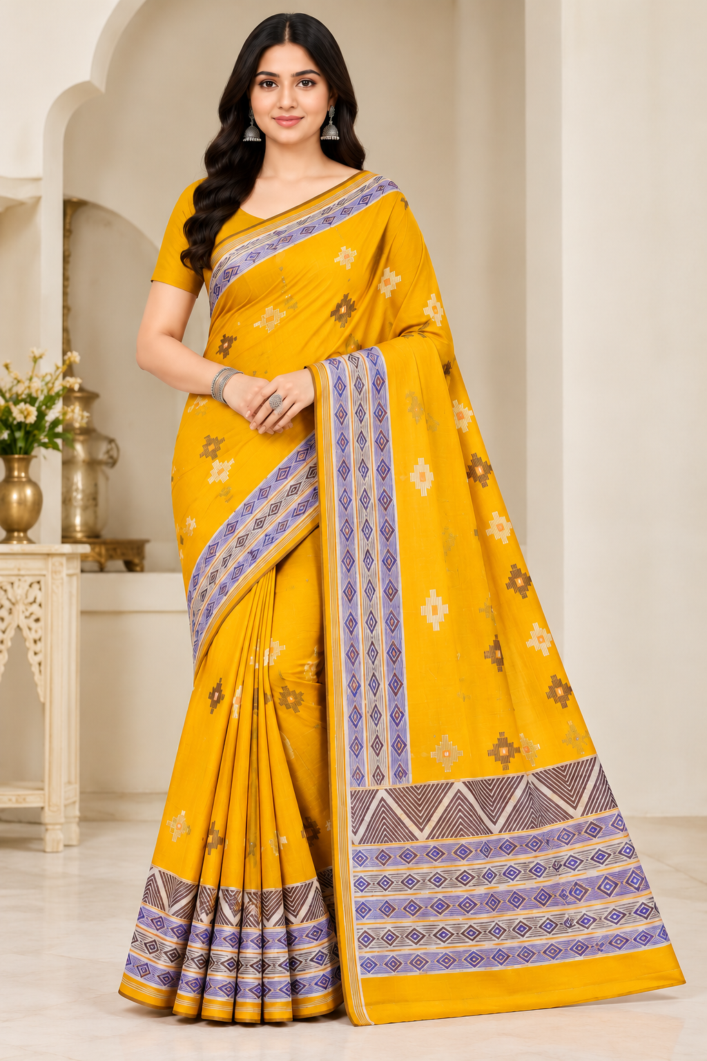 Cotton Teal Blue Printed Saree with Designer Geometric Border-14 Pcs Set.