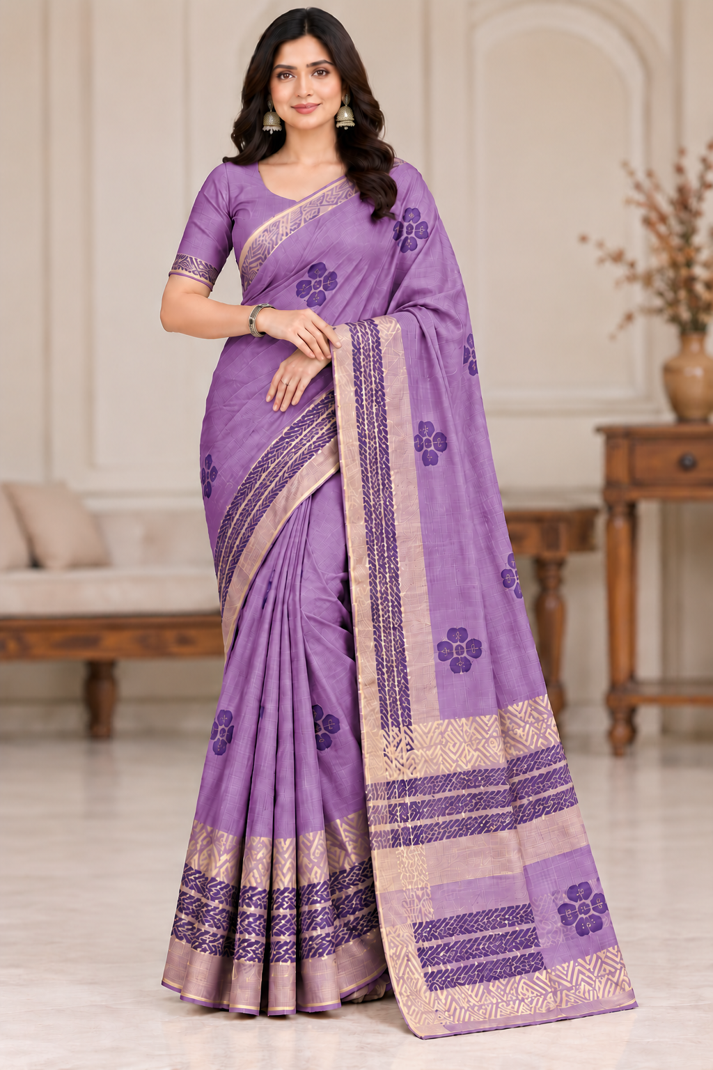 Cotton Pink Printed Saree with Contrast Border and Designer Pallu-15 Pcs Set.