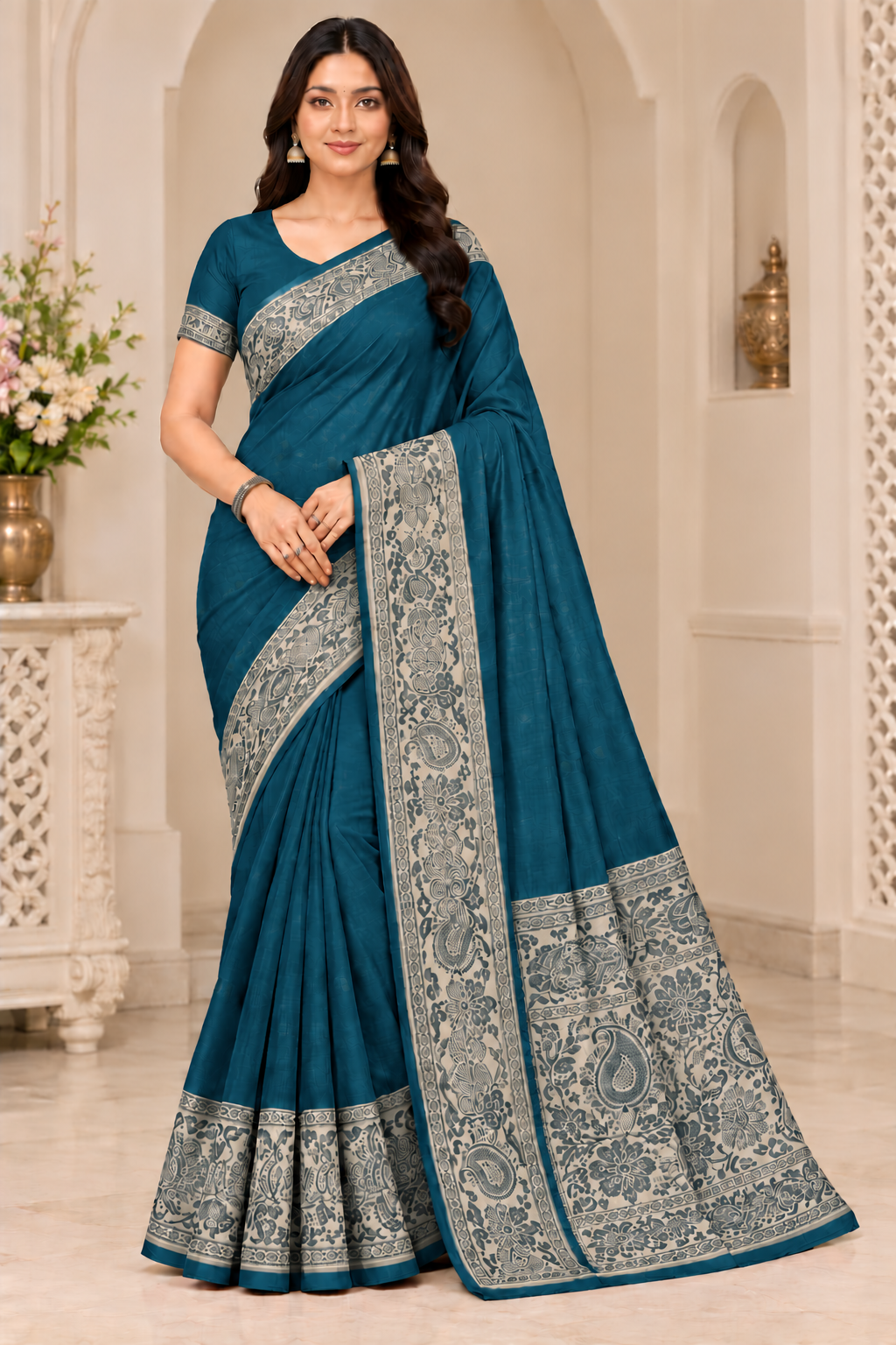 Cotton Green Traditional Jacquard Border Saree - 15 Pcs Set.