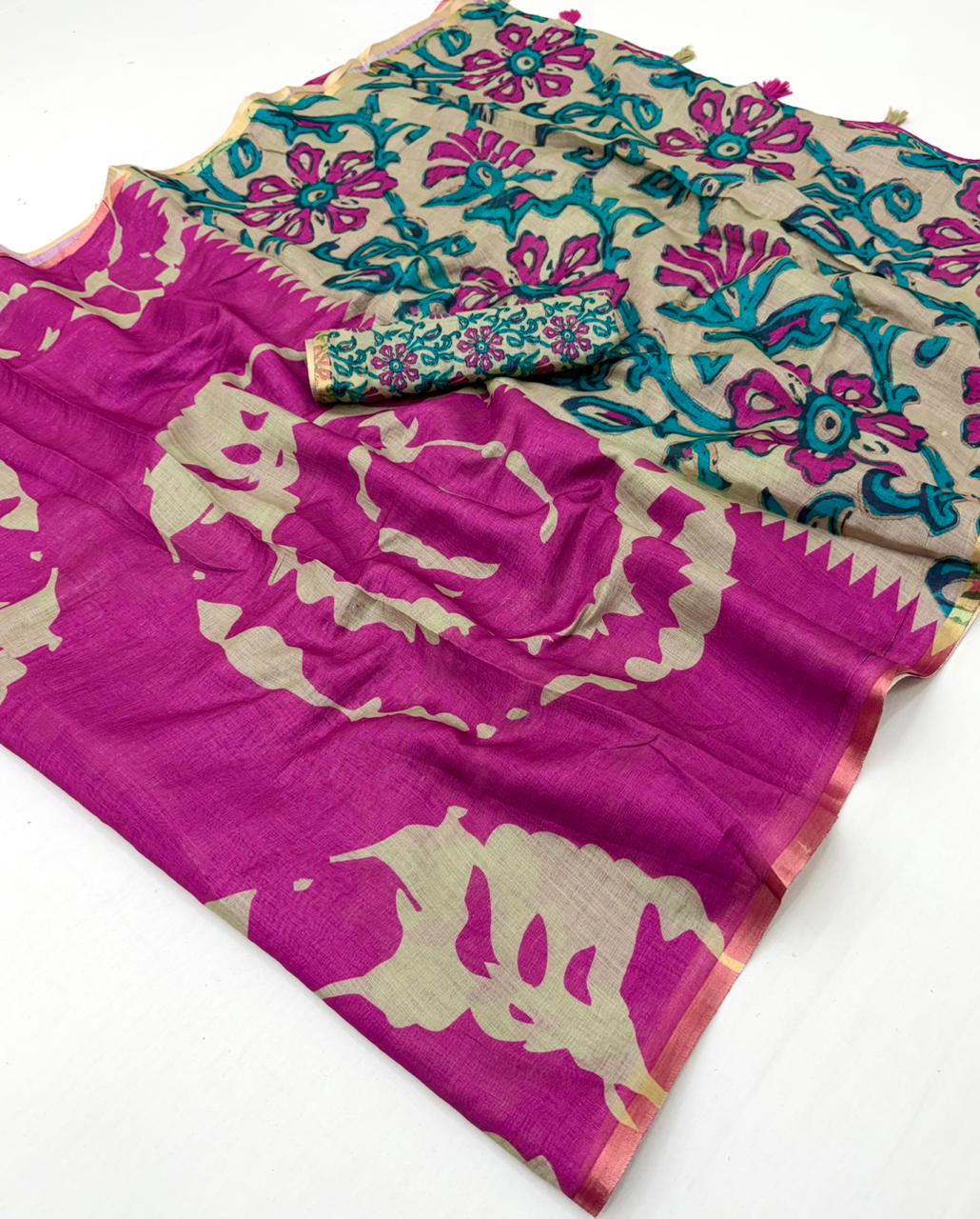 Lisha Soft Cotton Linen Saree with Zari Border & Fancy Tassels – 12 Pcs Set-M.R. Saree Emporium