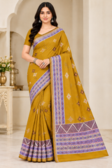 Cotton Teal Blue Printed Saree with Designer Geometric Border-14 Pcs Set.