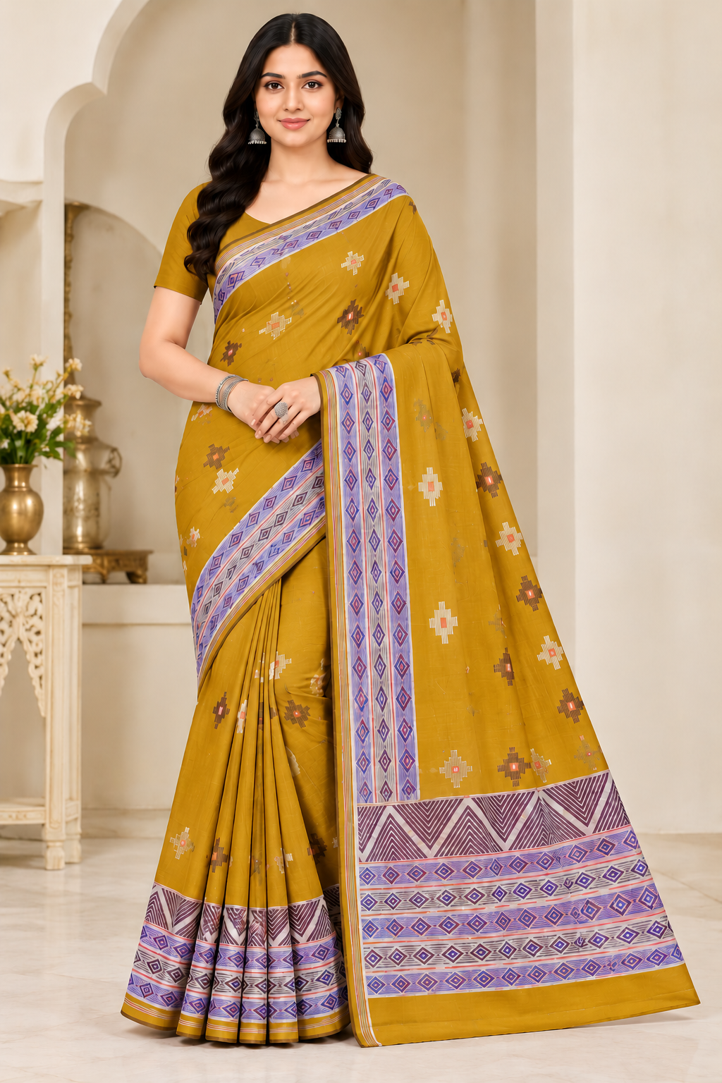 Cotton Teal Blue Printed Saree with Designer Geometric Border-14 Pcs Set.