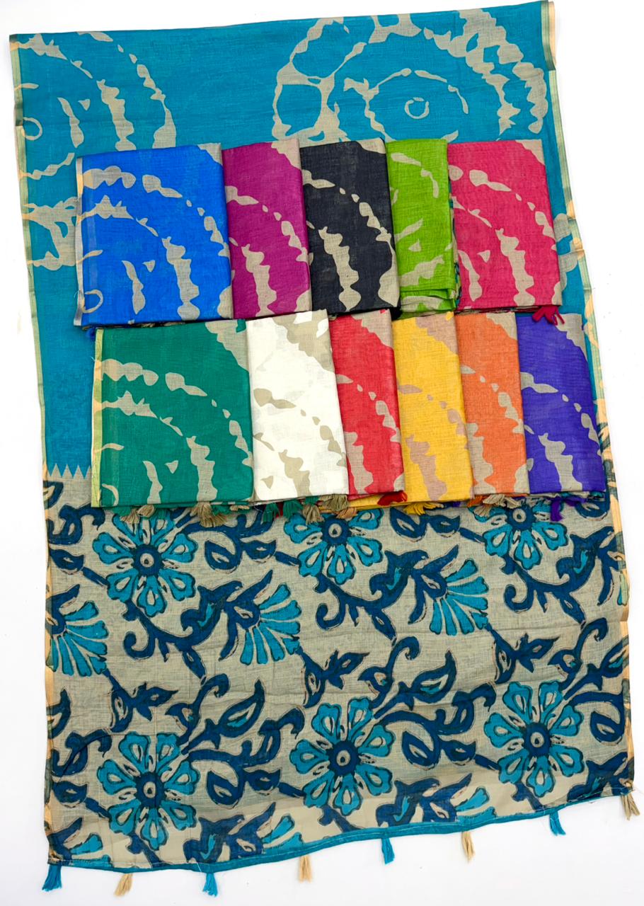 Lisha Soft Cotton Linen Saree with Zari Border & Fancy Tassels – 12 Pcs Set-M.R. Saree Emporium