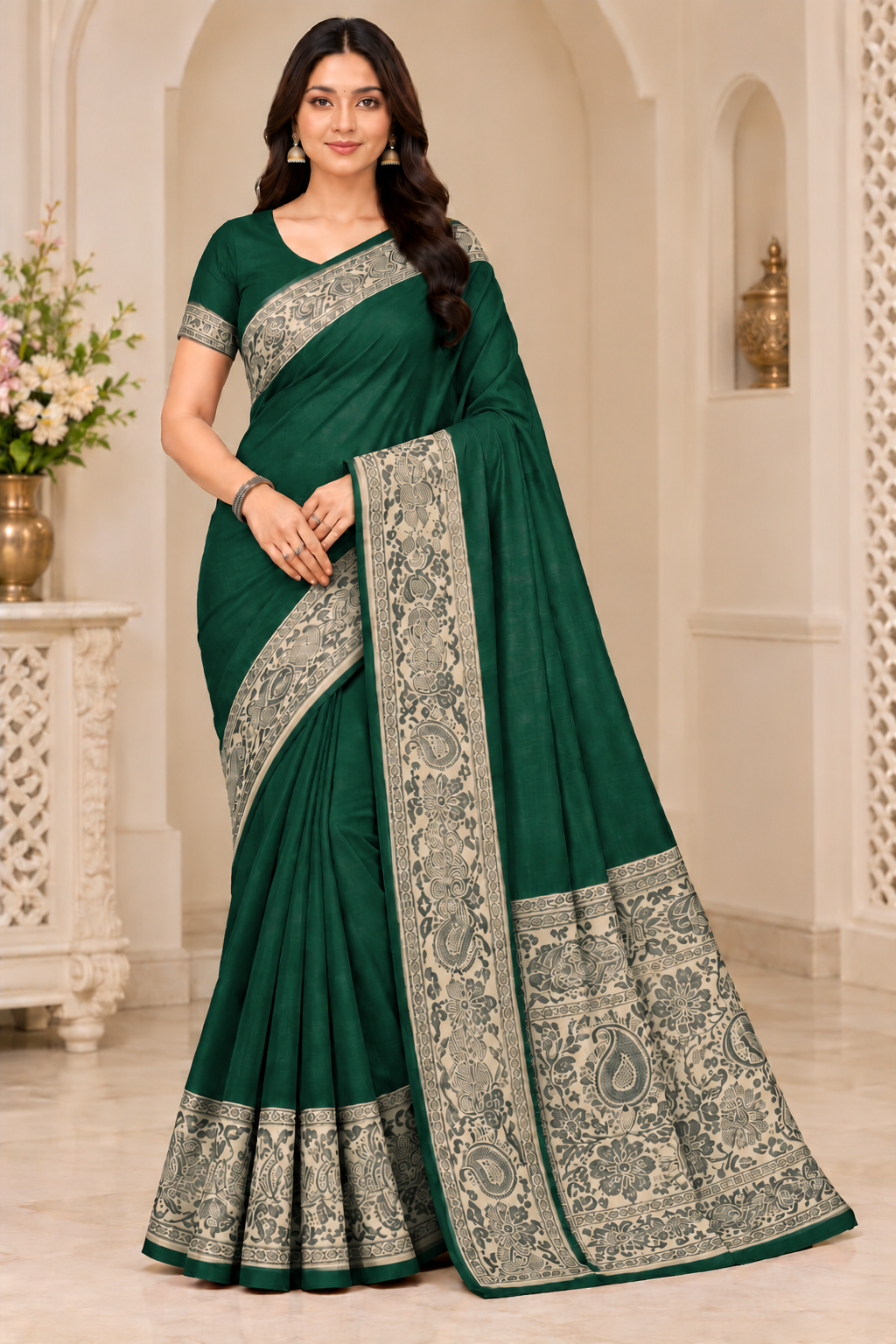 Cotton Green Traditional Jacquard Border Saree - 15 Pcs Set.