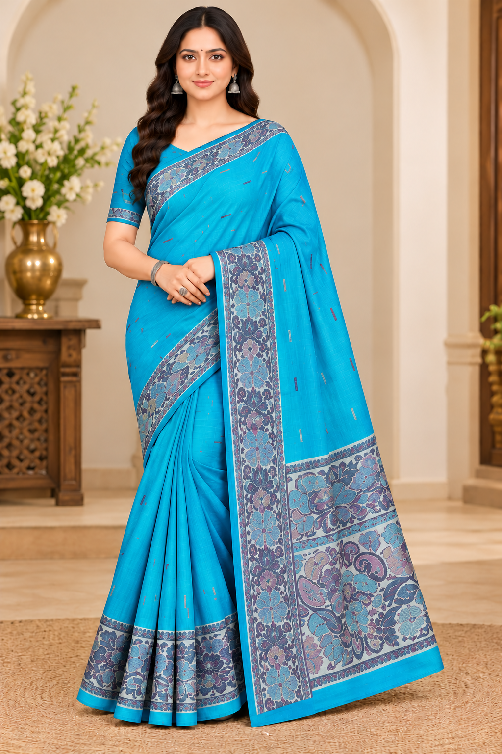 Cotton Royal Blue Designer Saree with Floral Jacquard Border-14 Pcs Set.