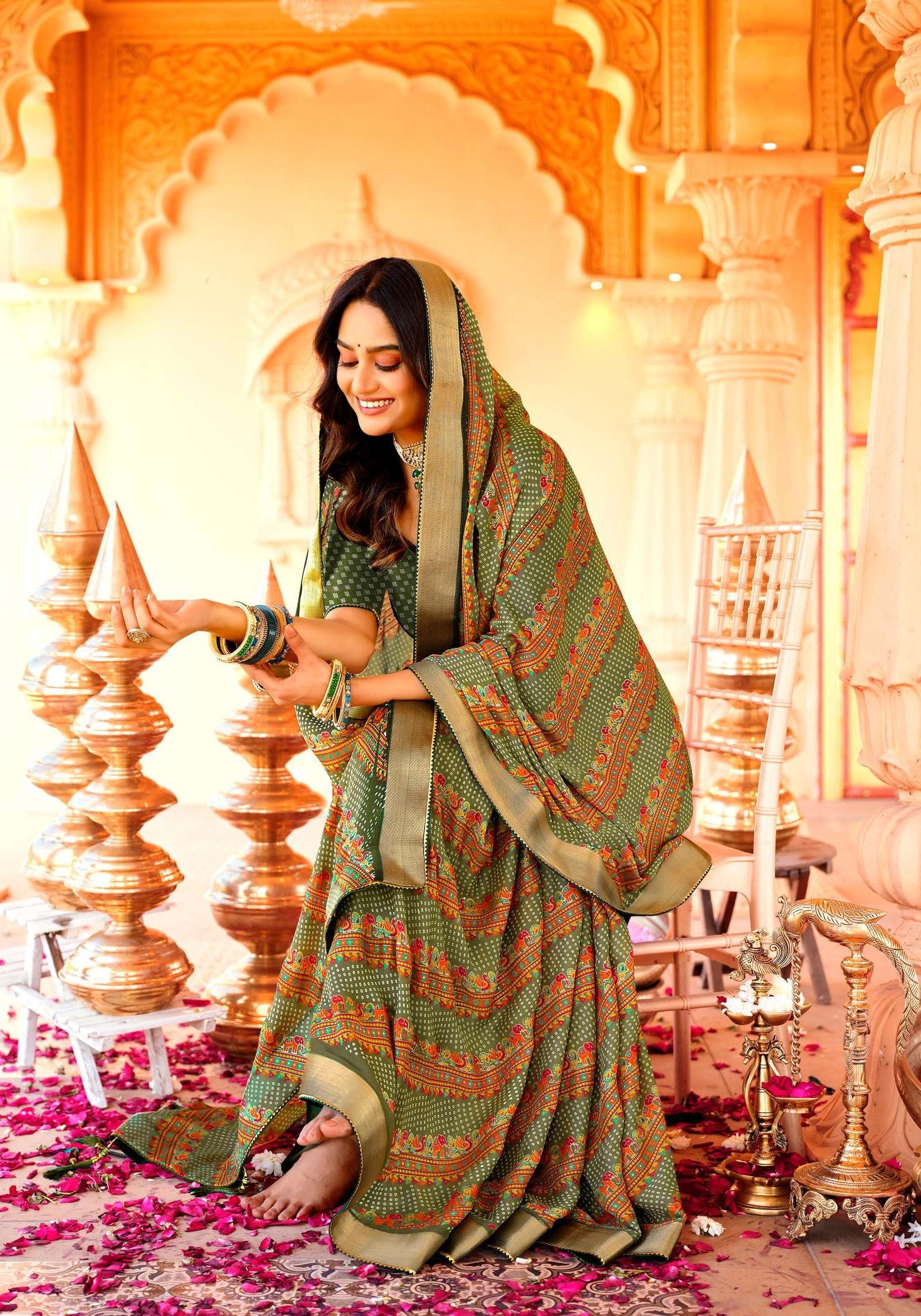 Krishnaleela Kalki Fancy Base with Pattern Printed Saree – 8 Pcs Set-M.R. Saree Emporium