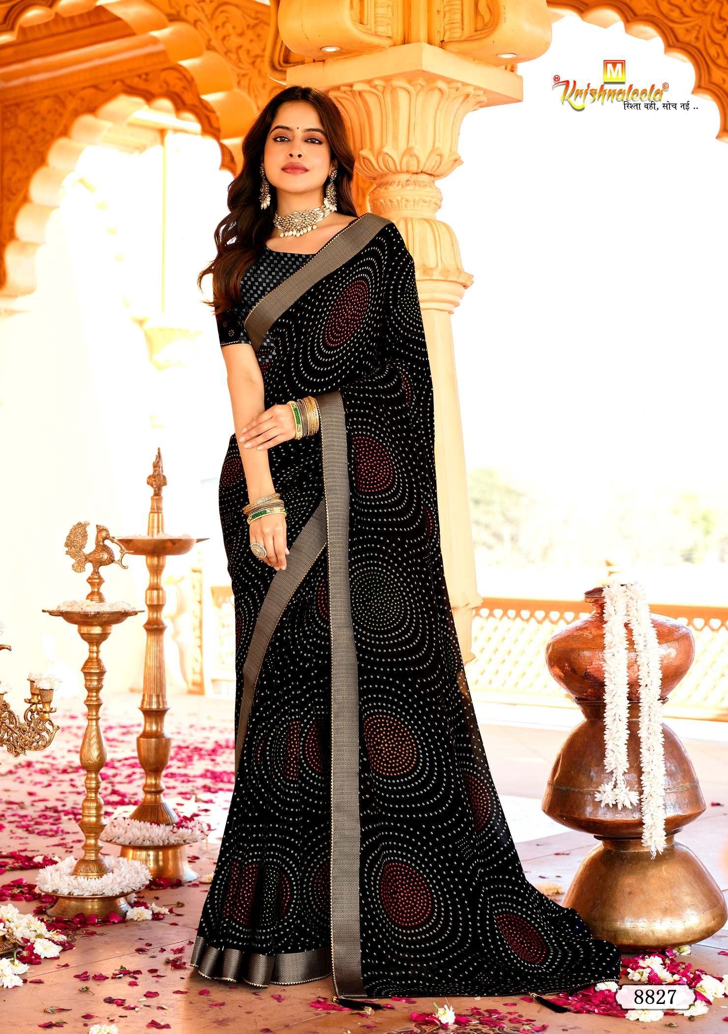 Krishnaleela Kalki Fancy Base with Pattern Printed Saree – 8 Pcs Set-M.R. Saree Emporium