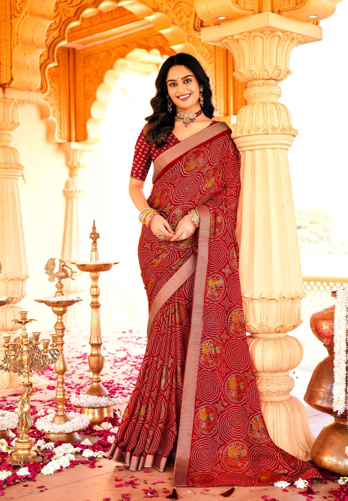 Krishnaleela Kalki Fancy Base with Pattern Printed Saree – 8 Pcs Set-M.R. Saree Emporium