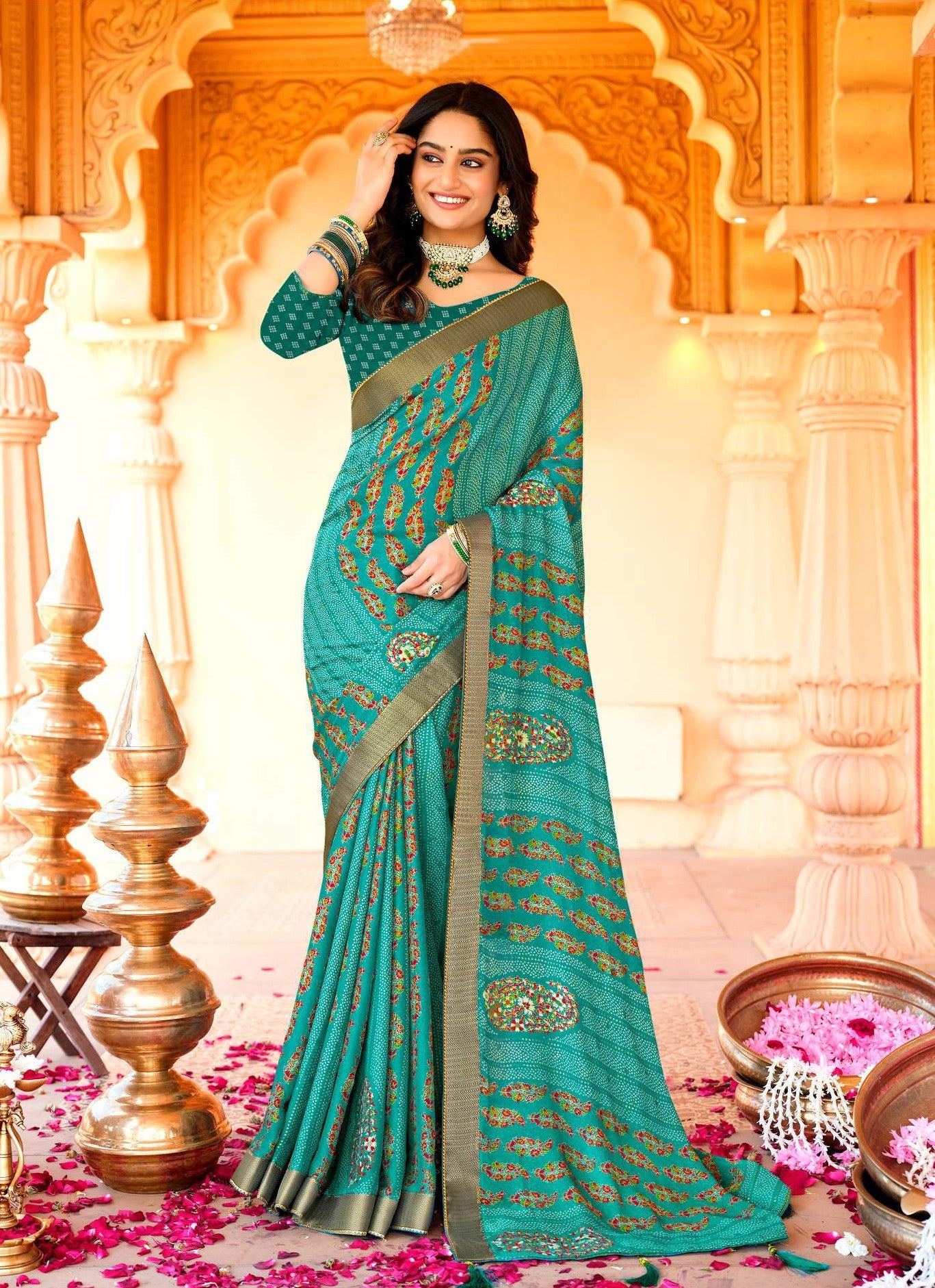 Krishnaleela Kalki Fancy Base with Pattern Printed Saree – 8 Pcs Set-M.R. Saree Emporium