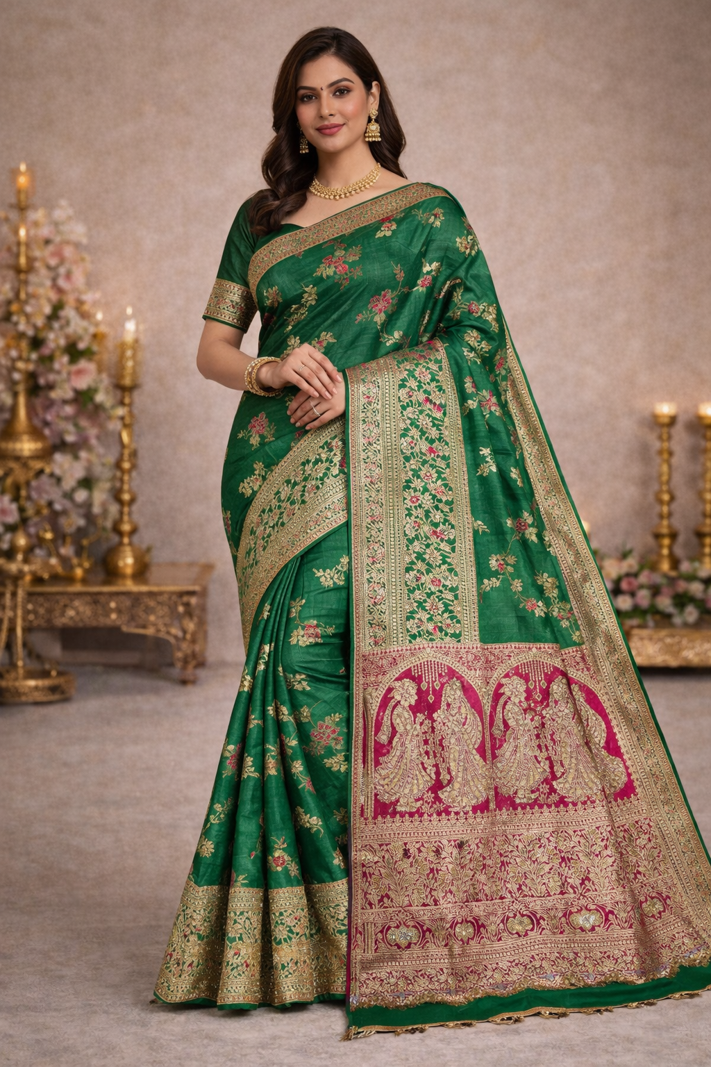 Silk Festival Temple Zari Banarasi Silk Saree – 4 Pcs Set-Heavy Wedding Designer Wear-M.R. Saree Emporium