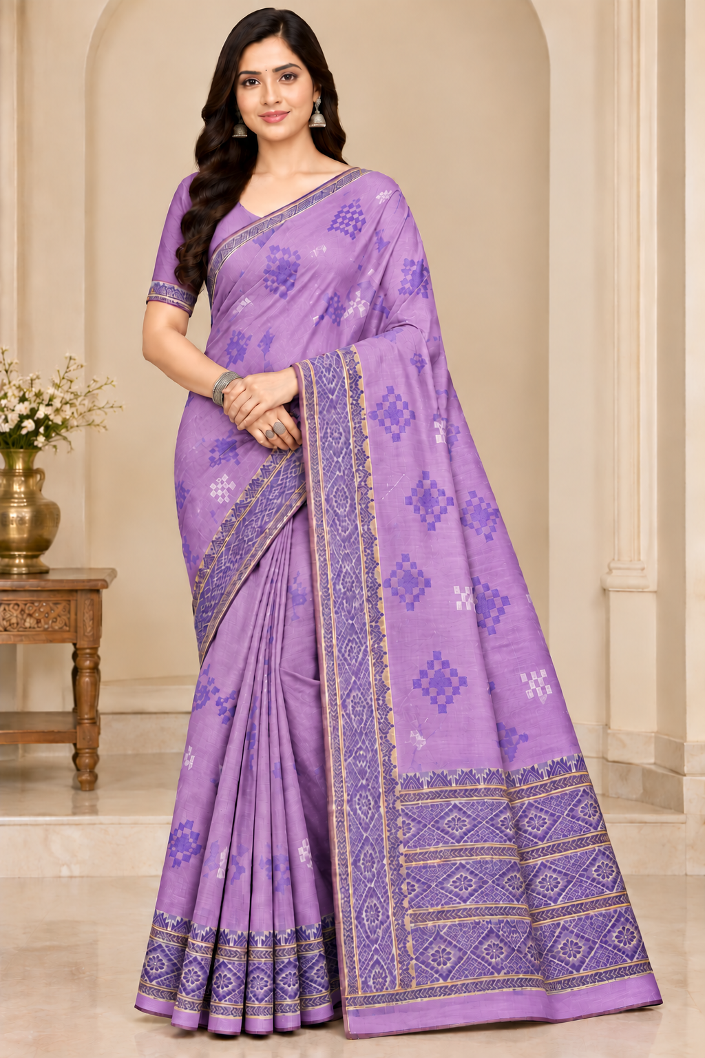 Cotton Green Woven Border Designer Saree - 14 Pcs Set